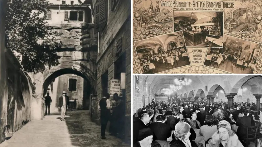 I locali storici triestini, da sinistra: trattoria all'Arco di Riccardo, un manifesto dell'Antica Bonavia e la Birreria Dreher in una serata del 1961