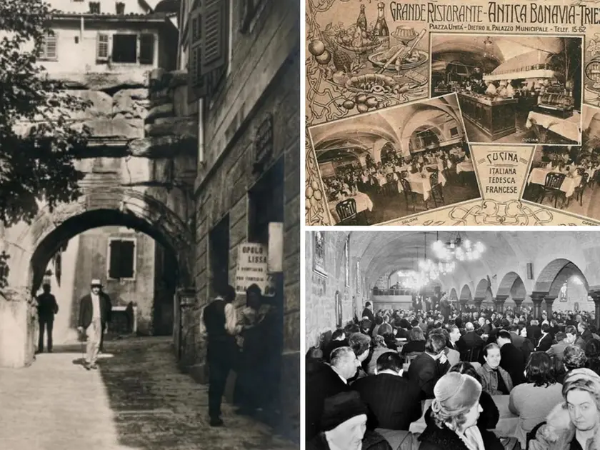 I locali storici triestini, da sinistra: trattoria all'Arco di Riccardo, un manifesto dell'Antica Bonavia e la Birreria Dreher in una serata del 1961