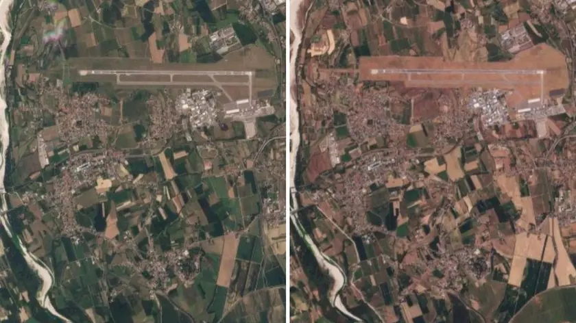 Le immagini mettono a confronto il territorio di Ronchi dei Legionari, colpito dalla siccità. A sinistra il 2025, a destra il 2026. Crediti: Planet Labs PBC 2026, in collaborazione con Piero Boccardo del Politecnico di Torino
