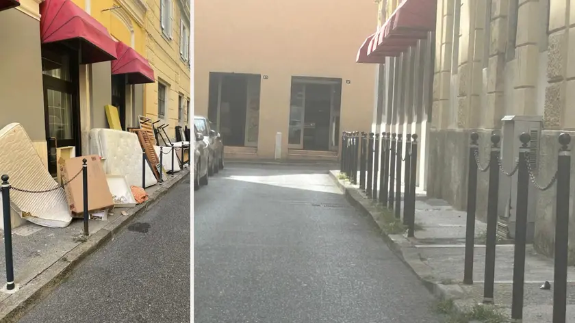 Il prima e dopo intervento della Polizia locale: sono stati rimossi tutti i materassi e i rifiuti ingombranti