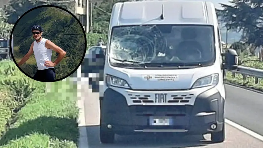 Nella foto il furgone con cui si è scontrata la vittima,Stefano Iuri (nel tondo)