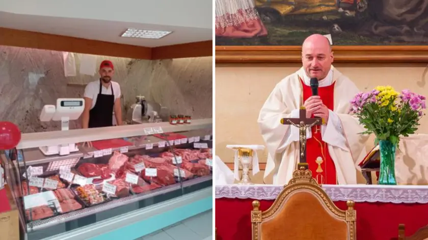 A sinistra, il macellaio Vladimir Amico di Staranzano, a destra monsignor Stefano Goina