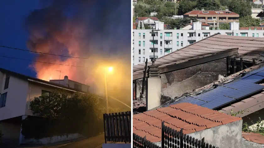 A sinistra le fiamme venerdì sera, a destra la situazione sabato mattina (foto Andrea Lasorte)
