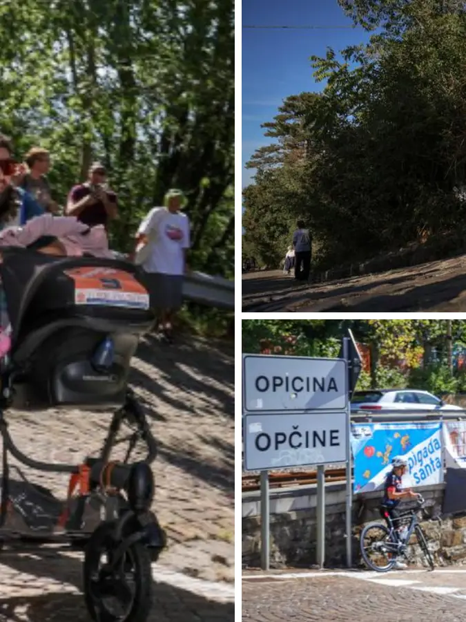 Atlete e atleti hanno affrontato la salita della Rampigada Santa ognuno a modo suo: in bici, con il passeggino e con una mortadella in spalla. Foto Andrea Lasorte