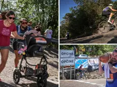 Atlete e atleti hanno affrontato la salita della Rampigada Santa ognuno a modo suo: in bici, con il passeggino e con una mortadella in spalla. Foto Andrea Lasorte