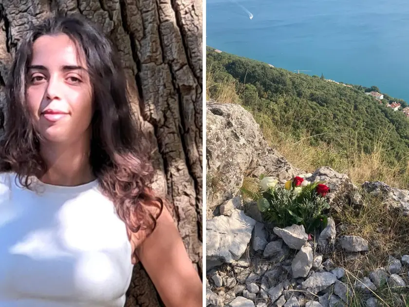 A sinistra Giulia Bonin, a destra i fiori a Monte Grisa