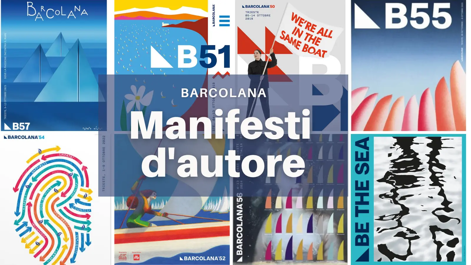 Forme, colori e concetti diversi: è sempre Trieste la protagonista dei manifesti della Barcolana. Nel corso degli anni, ogni artista ha saputo intrappolare la festa della vela in una sola immagine, giocando con i colori della città e con le sue riconoscibili forme. Così si rincorrono le barche sullo sfondo blu, le bandiere bianche con i suoi messaggi e il vento amico delle vele