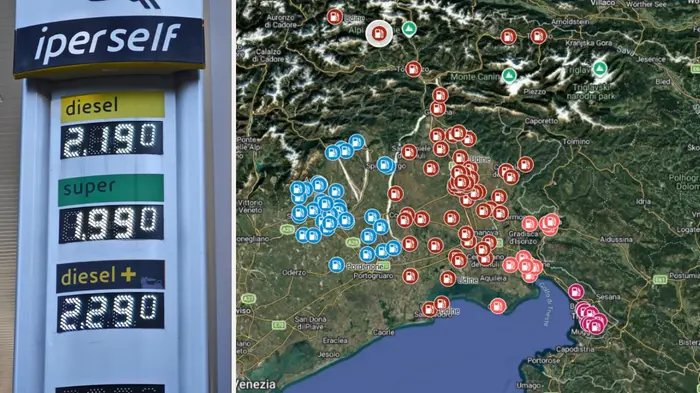 A sinistra uno dei distributori Eni sulla rete regionale con i prezzi aggiornati, a destra la mappa di tutti i distributori. Foto Lasorte