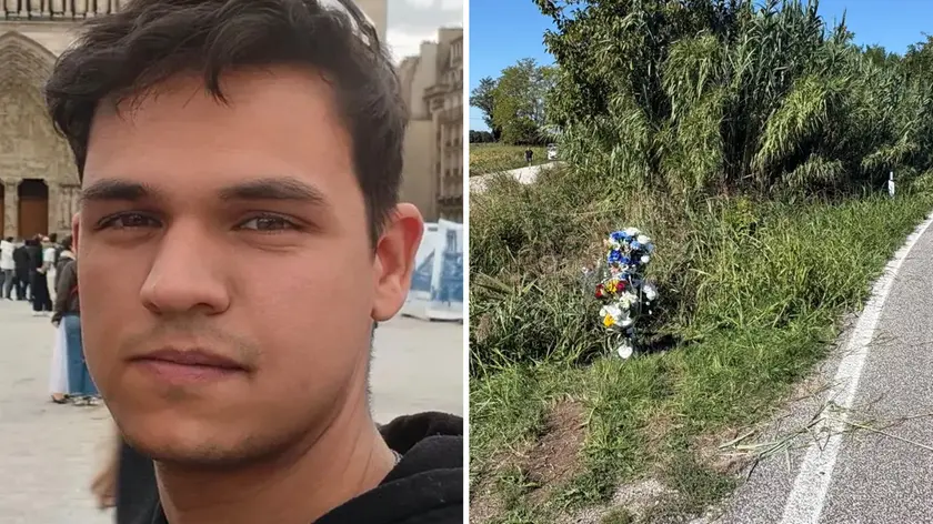A sinistra Riccardo Brescia, a destra il mazzo di fiori sul luogo dell’incidente