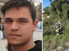 A sinistra Riccardo Brescia, a destra il mazzo di fiori sul luogo dell’incidente