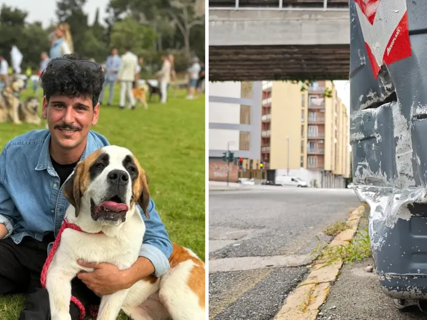 Giuseppe Schembri e il cassonetto colpito dalla moto prima dello schianto contro il bus (Lasorte)