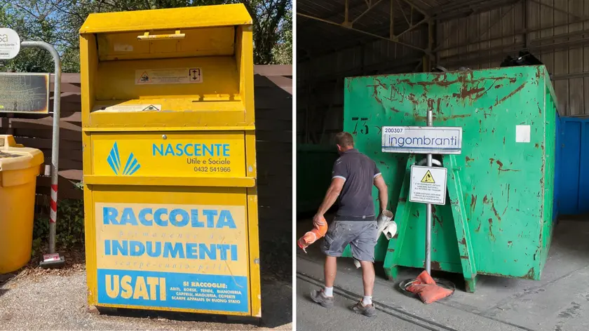 A sinistra i contenitori rimossi, a destra il centro di raccolta di via Consiglio d’Europa al Lisert (foto Katia Bonaventura)