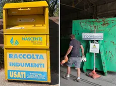 A sinistra i contenitori rimossi, a destra il centro di raccolta di via Consiglio d’Europa al Lisert (foto Katia Bonaventura)