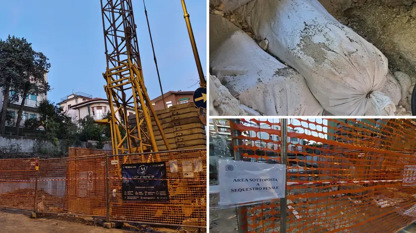 A sinistra il cantiere, a destra in alto i sacchi e sotto l’avviso del sequestro (foto Francesco Bruni)