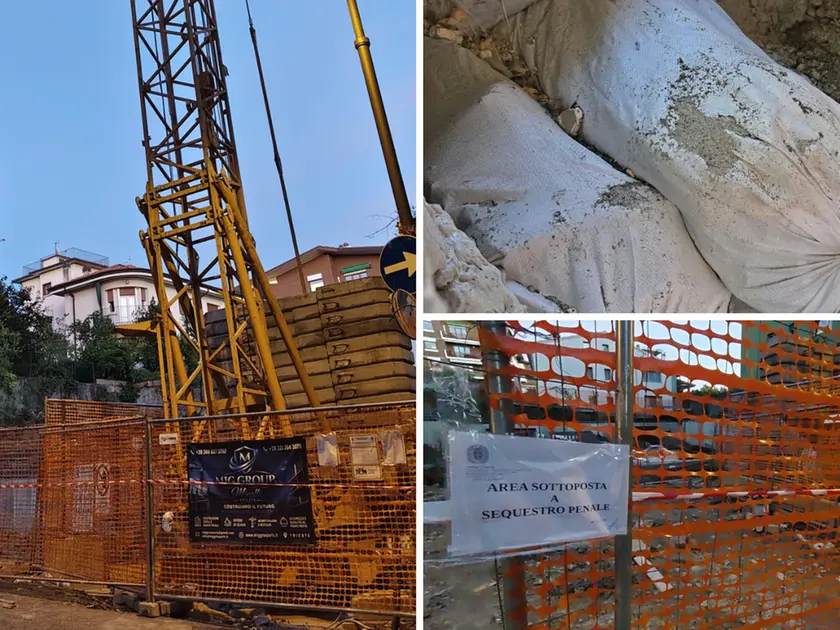 A sinistra il cantiere, a destra in alto i sacchi e sotto l’avviso del sequestro (foto Francesco Bruni)