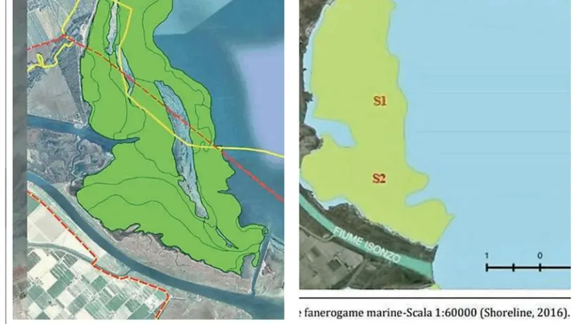 A sinistra la mappa fornita di recente dal Comune di Monfalcone, a destra la mappa del 2016 fornita dall'Università di Trieste