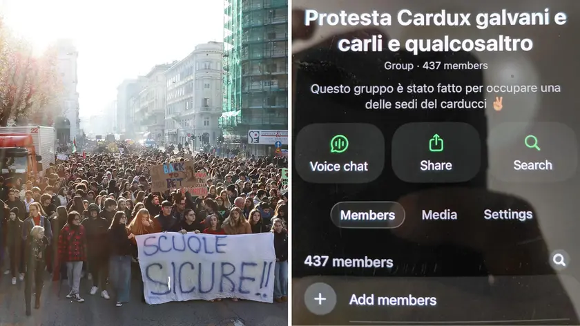 A sinistra un corteo studentesco, a destra la chat per organizzare le occupazioni