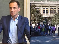 A sinistra Massimiliano Fedriga, a destra piazza Libertà domenica pomeriggio (foto Lasorte)