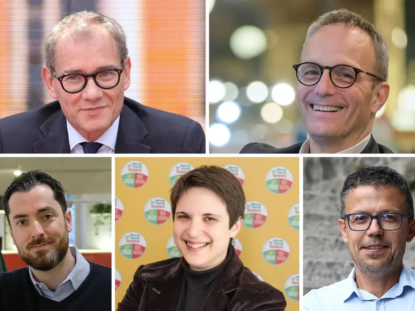In alto a sinistra Mitja Gialuz e a destra Francesco Russo; in basso, da sinistra, Riccardo Laterza (At), Elisa Moro (Avs) e Paolo Menis (M5s)