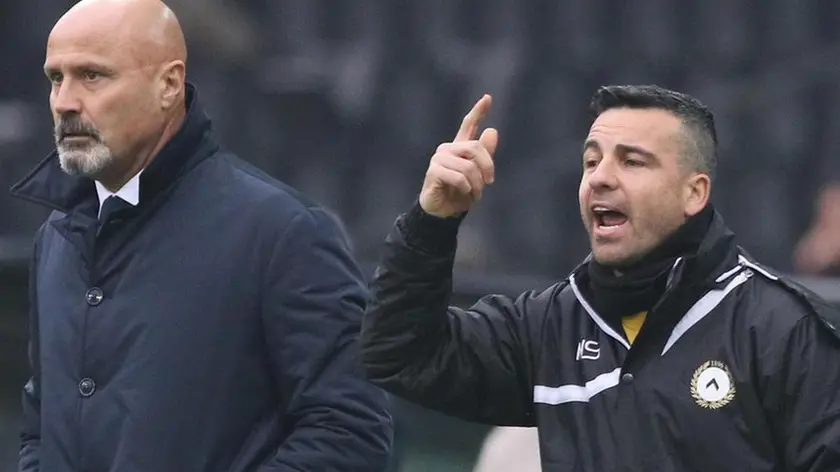 Udinese's coach Stefano Colantuono (L) with forward Antonio Di Natale during the Italian Serie A soccer match Udinese Calcio vs SS Lazio at Friuli stadium in Udine, Italy, 31 January 2016. ANSA/LANCIA