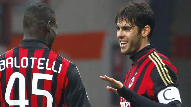 Foto Davide Spada/LaPresse.06 01 2014 Milano (Italia).Sport Calcio.Milan - Atalanta .Campionato italiano di calcio Serie A Tim 2013 2014.Nella foto: esultanza dopo il gol 2-0 kaka , balotelli ..Photo Davide Spada/LaPresse.06 01 2014 Milan (Italy).Sport Soccer.Milan - Atalanta .Italian Football Championship League A Tim 2013 2014.In the picture : celebrates after scoring 2-0 kaka , balotelli