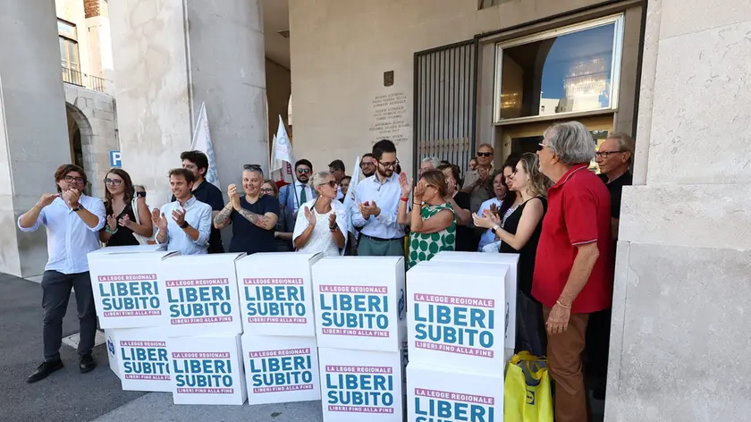 La consegna delle firme sotto il palazzo della Regione (Lasorte)