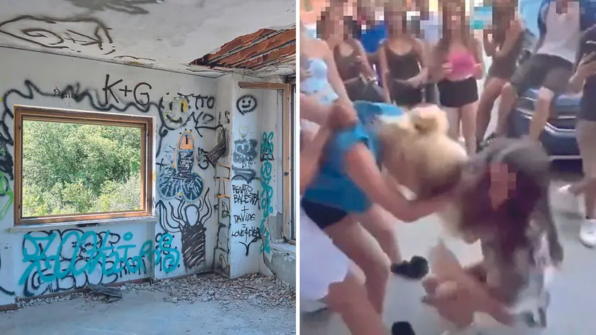 A sinistra il degrato di villa Cossich; a destra due ragazzine che si picchiano in un frame di un video pubblicato su Tiktok