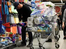 epa08301249 Shoppers stock up on supplies at a supermarket in Podgorica, Montenegro, 17 March 2020. Several European countries have closed borders, schools and public facilities, and have cancelled major sports and entertainment events in order to prevent the spread of the covid-19 disease. EPA/BORIS PEJOVIC