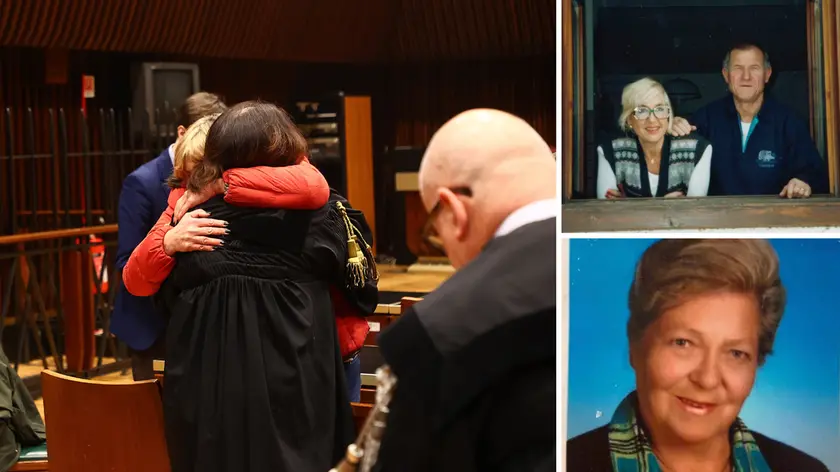 Nella foto grande l'abbraccio in tribunale dopo la sentenza. Sopra a destra Mirella Michelazzi con il marito Oliviero e sotto Maria Kupfersin