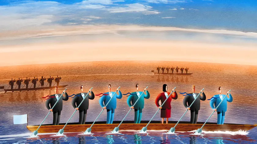 Businessmen and businesswoman rowing together