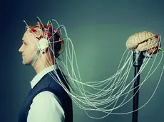 Man wearing brain hat --- Image by © Ben Hupfer/Corbis