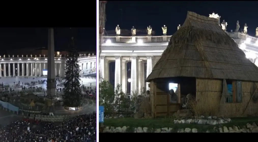 A sinistra Piazza San Pietro Gremita, a destra il casone nel presepe di Grado