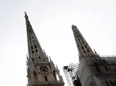 One of the damaged spires, right, of Zagreb\'s iconic cathedral is seen after an earthquake in Zagreb, Croatia, Sunday, March 22, 2020. The cathedral was rebuilt after it toppled in the 1880 earthquake. A strong earthquake shook Croatia and its capital on Sunday, causing widespread damage and panic. (AP Photo/Darko Bandic)