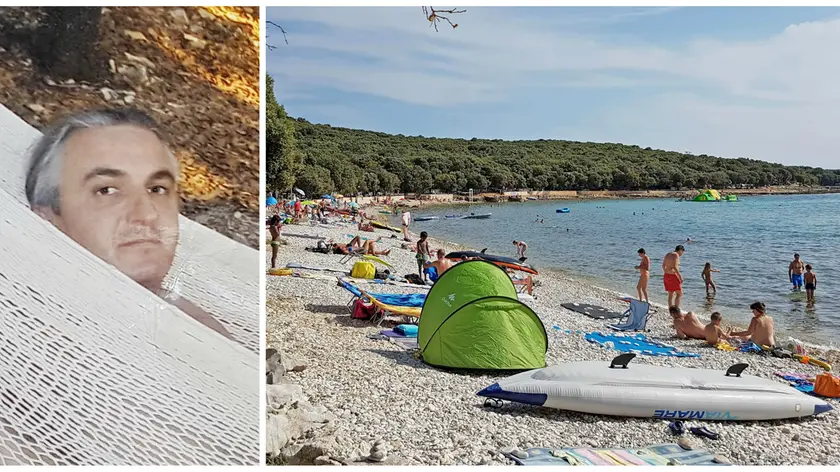 A sinistra, Aleks Unussich e - a destra - la spiaggia del campeggio Mon Perin di Valle