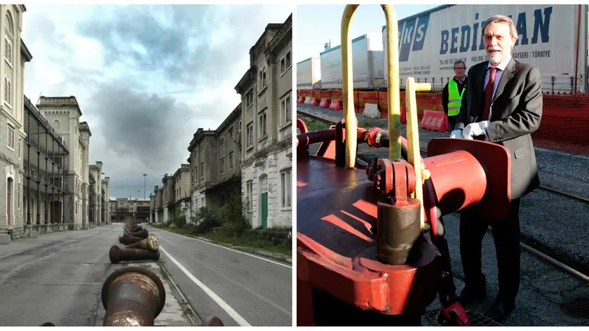 Un'immagine del Porto vecchio e, a destra, il ministro Delrio in vista a Trieste (foto Silvano)