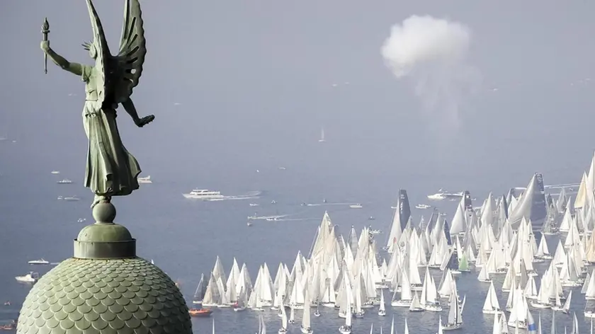 epa07918197 A handout photo made available by Studio Borlenghi shows sailing boats which take part in the 51st edition of the traditional "Barcolana" regatta in the gulf of Trieste, Italy, 13 October 2019. The Barcolana is an annual sailing race in the Gulf of Trieste with hundreds of participants which is described by the organizers as "everybody's regatta." EPA/STUDIO BORLENGHI / HANDOUT HANDOUT EDITORIAL USE ONLY/NO SALES/NO ARCHIVES