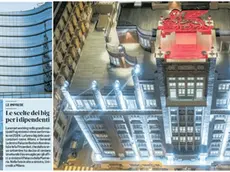 Lo smart working nelle grandi realtà del Fvg resiste e viene confermato nel 2024. Lo fanno big delle assicurazioni come Allianz e Generali (a destra Palazzo Berlam illuminato) e lo fa Fincantieri, che dallo scorso settembre ha deciso di rendere strutturale il lavoro agile per gli uffici: a sinistra il Palazzo della Marineria. Nella foto in alto a sinistra, Unicredit a Milano.