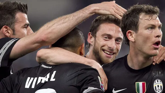 16.04.14 Roma, Stadio Olimpico, Serie A 32a Giornata - LAZIO-JUVENTUS - nella foto: Arturo Vidal esultanza 2-0 con Marchisio, Lichsteiner