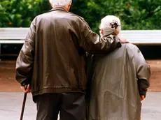 Una coppia di anziani a passeggio in un giardino in una foto d'archivio. ANSA