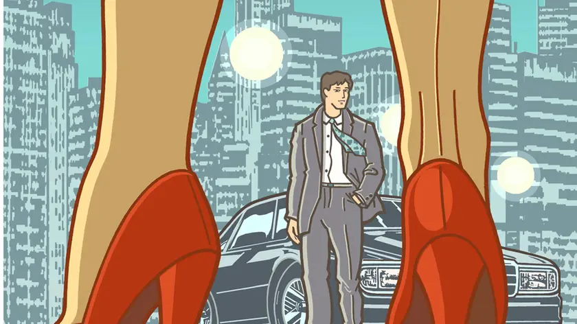 Illustration, Woman wearing red shoes, man in background