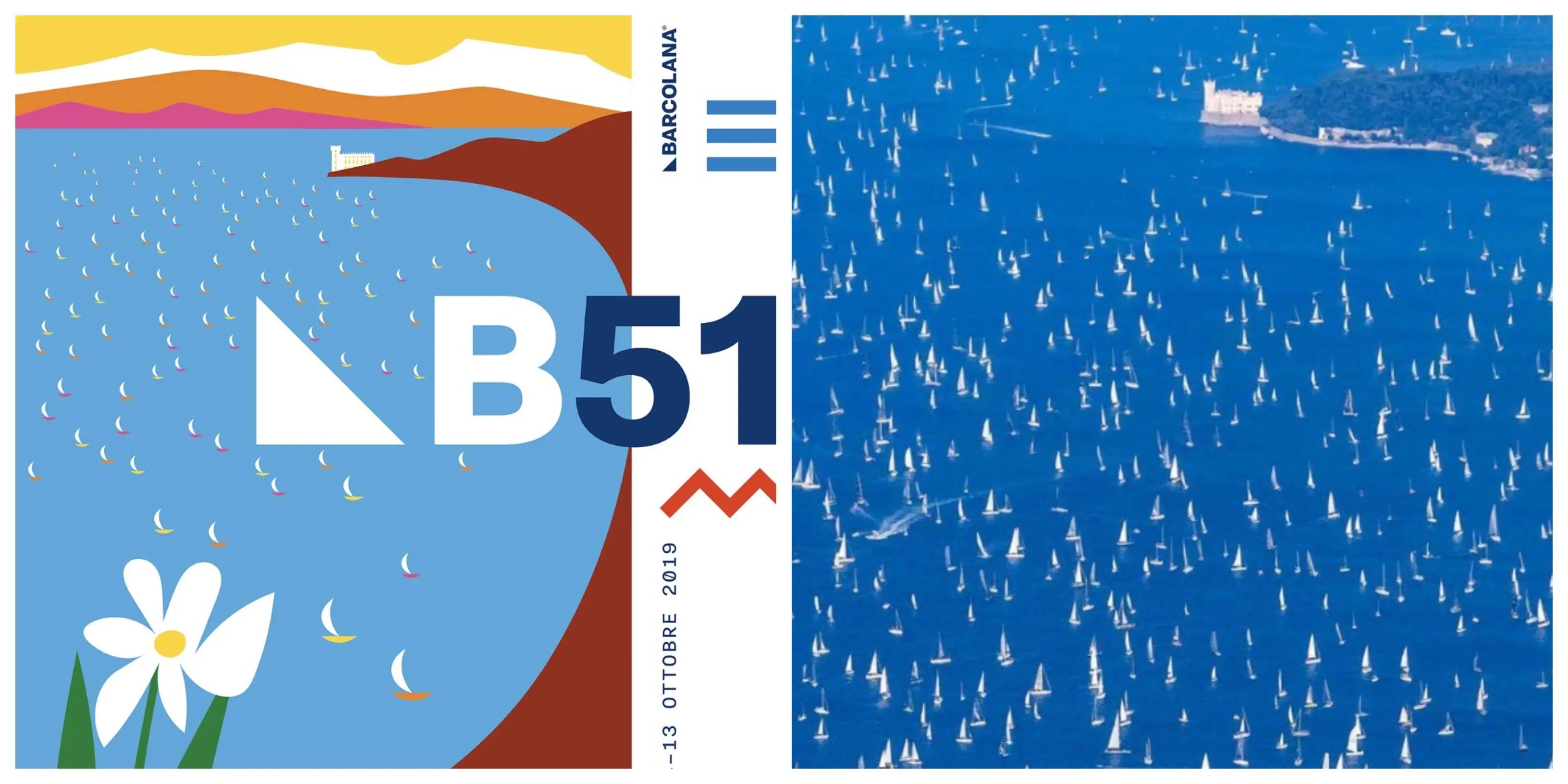 A sinistra il manifesto della 51° edizione della Barcolana. A destra la foto ispiratrice dell'opera dell'illustratrice Olimpia Zagnoli