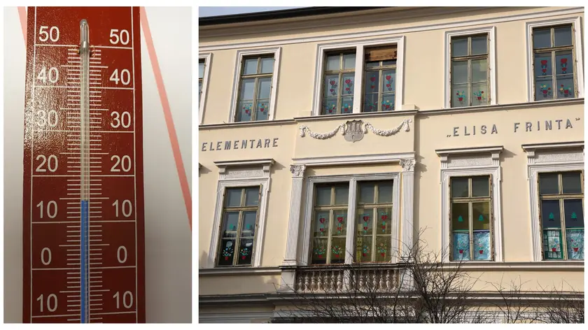 La scuola Frinta di Gorizia e la temperatura rilevata mercoledì (Foto Bumbaca/Marega)