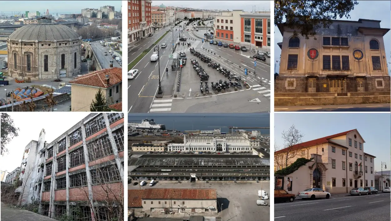 La mappa dei siti abbandonati di Trieste da rilanciare: da sinistra in senso orario: Il gasometro; piazza Duca degli Abruzzi; l'ex centrale Enel; la mensa Crda; l'Ortofrutticolo e Museo del Mare. Fotoservizio di Andrea Lasorte