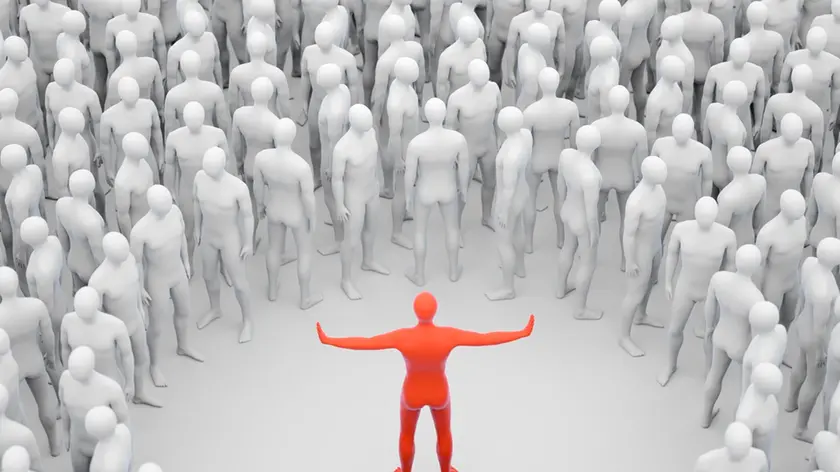 Social distancing, conceptual illustration. An individual infected withthe SARS-CoV-2 coronavirus (previously 2019-nCoV) keeping a safe distance from ...