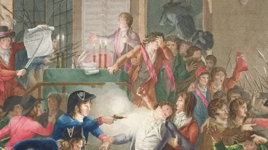 XIR18488 The Arrest of Robespierre, 'The Night of the 9th to 10th Thermidor, Year II, 27th July 1794' (coloured engraving) by Tassaert, Jean Joseph Francois (1765-c.1835); Musee de la Ville de Paris, Musee Carnavalet, Paris, France; (add.info.: Declaration of the Rights of Man and the Citizen; Maximilien Robespierre (1758-94); La Nuit du 9 au 10 Thermidor, an II;); Giraudon; French, out of copyright
