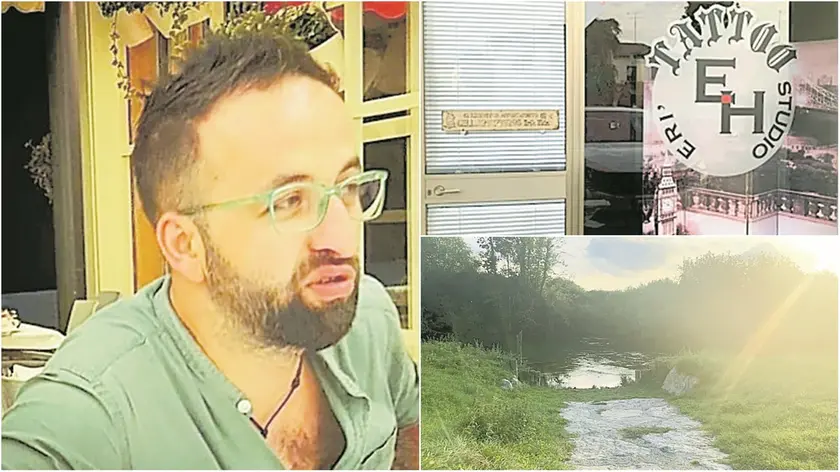 Ergys Hida e, nelle foto a destra, il suo studio da tatuatore e l’accesso al fiume in via Cargnel