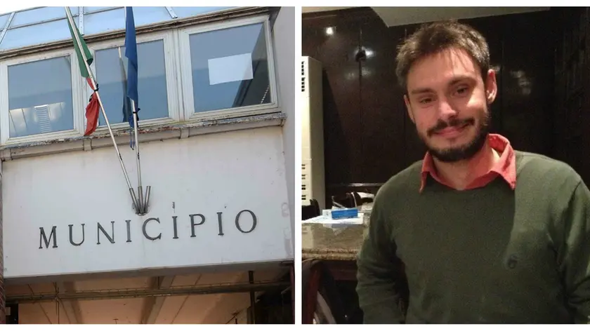 A sinistra, bandiere listate a lutto sul municipio di Fiumicello. A destra, Giulio Regeni