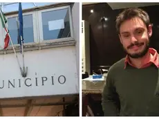 A sinistra, bandiere listate a lutto sul municipio di Fiumicello. A destra, Giulio Regeni