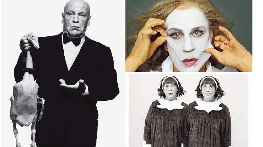 Da sinistra, la riproduzione del ritratto di Alfred Hitchcock (Albert Watson), di Meryl Streep (Annie Leibovitz) e delle “Gemelline” di Diane Arbus