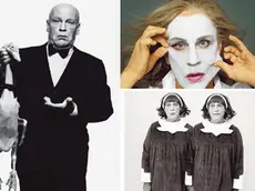 Da sinistra, la riproduzione del ritratto di Alfred Hitchcock (Albert Watson), di Meryl Streep (Annie Leibovitz) e delle “Gemelline” di Diane Arbus